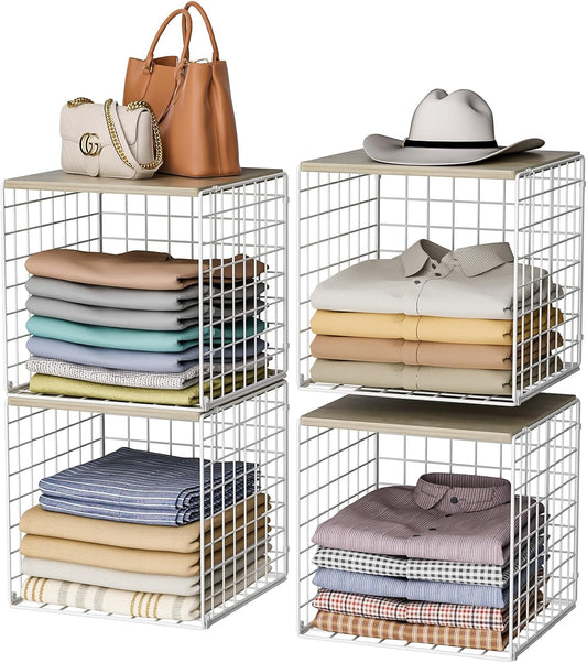 4 Pack Closet Organizers and Storage with Wood Top, Stackable Closet Shelf Organizer, Double Storage Design, Clothes Storage Basket/Cube Organizer for Wardrobe, Sturdy, White (Patent Pending) ﻿