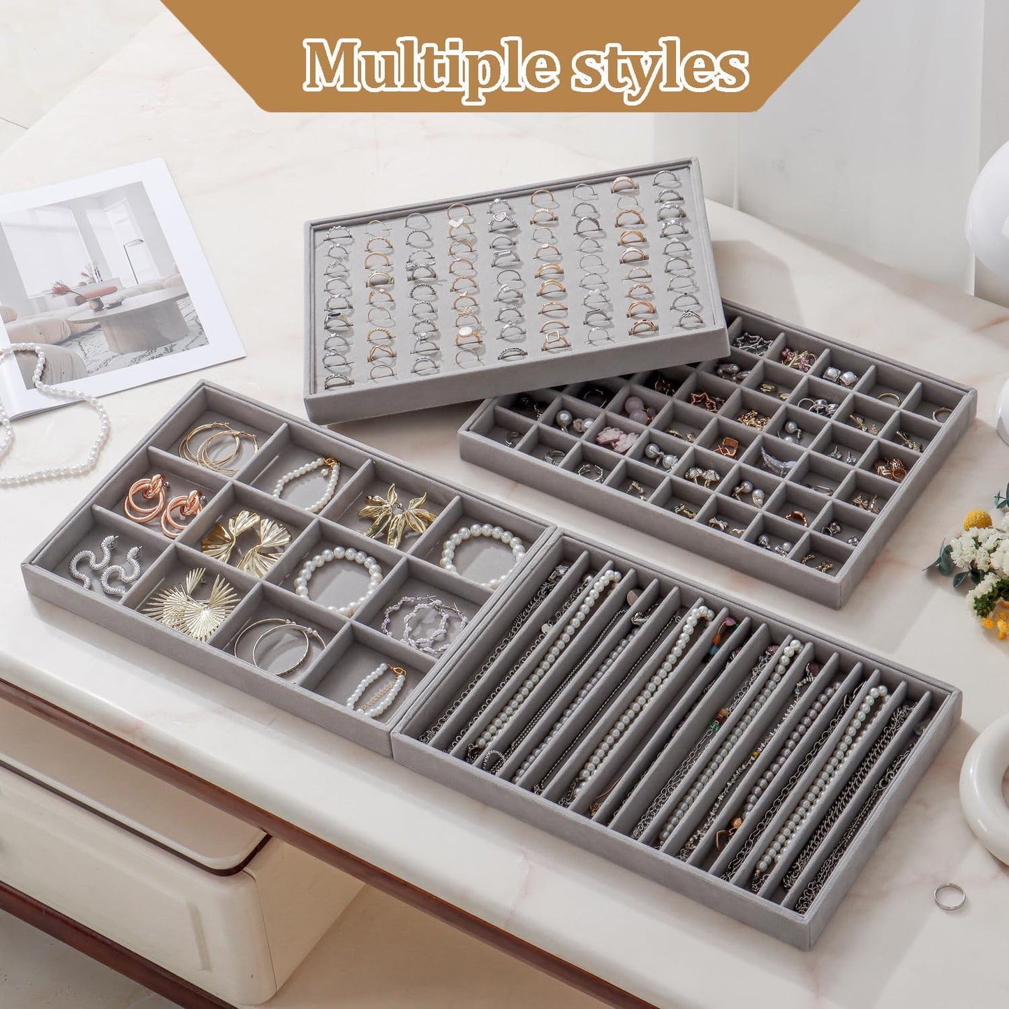 Large Jewelry Organizer for Drawer Insert Velvet Stackable Jewelry Trays for Earring Necklace Bracelet Ring Display (Gray, 48 Grids)