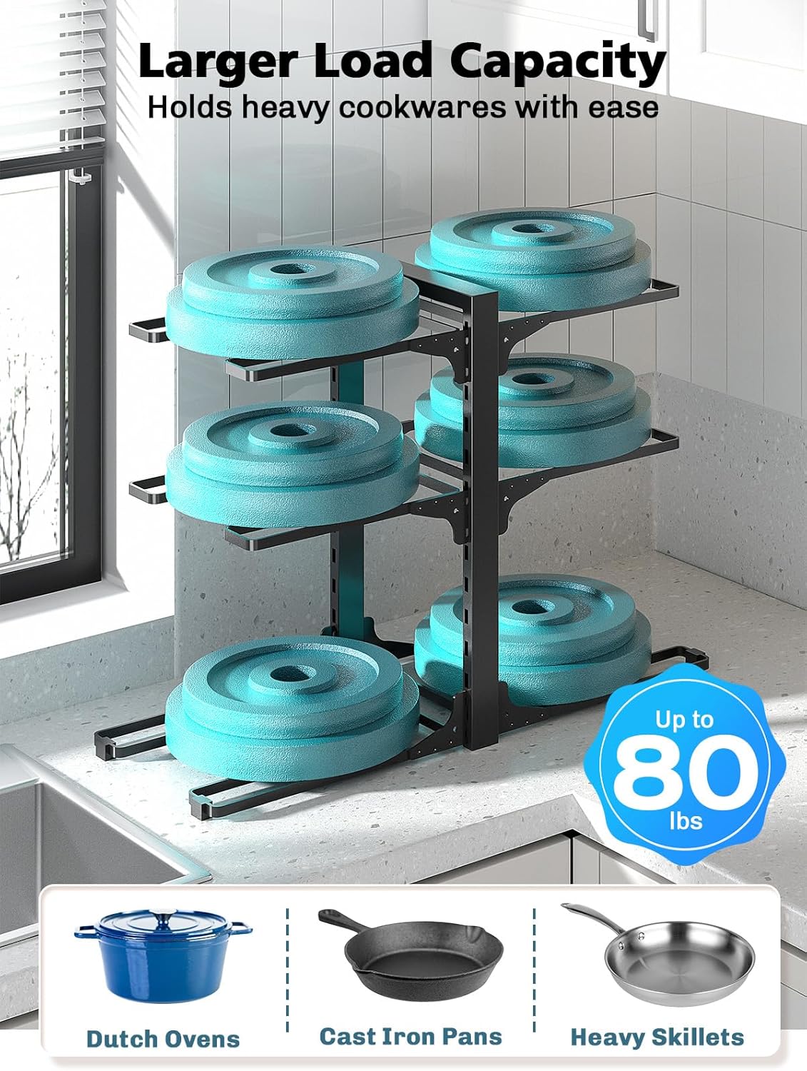 MUDEELA 6-Tier Pots and Pans Organizer under Cabinet, 13.78" Height Heavy Duty Pot and Pan Organizer Kitchen Cabinet Organization and Storage, Adjustable Pot Rack for Frying Pan, Cast Iron Skillet