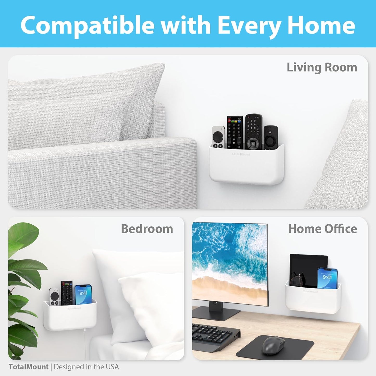 TotalMount Hole-Free Remote Holder – Eliminates Need to Drill Holes in Your Wall (Premium White Holder for 3 or 4 Remotes)