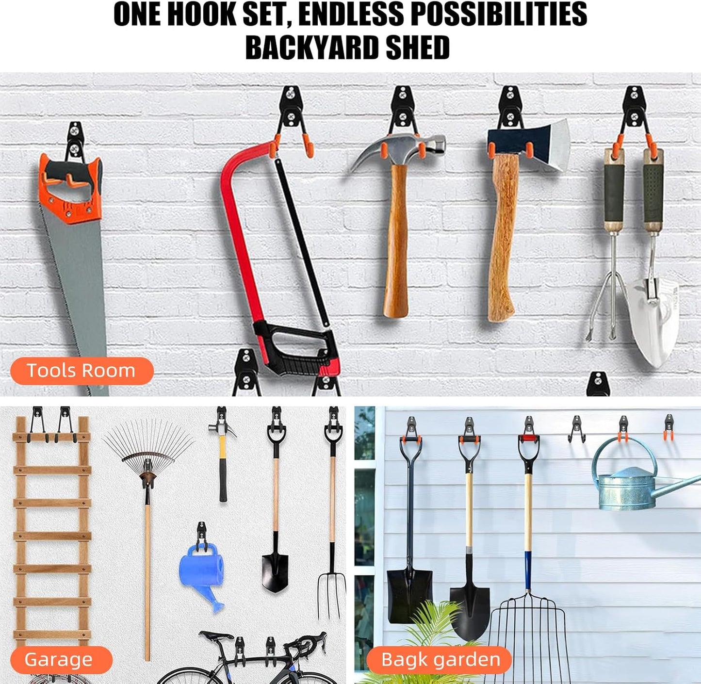 Garage Hooks, 4 Pack Large Square Wall Hooks for Hanging Heavy Duty Ladders, Bikes, Tools Ideal for Garage, Garden, Basement Utility Room Storage (Orange)