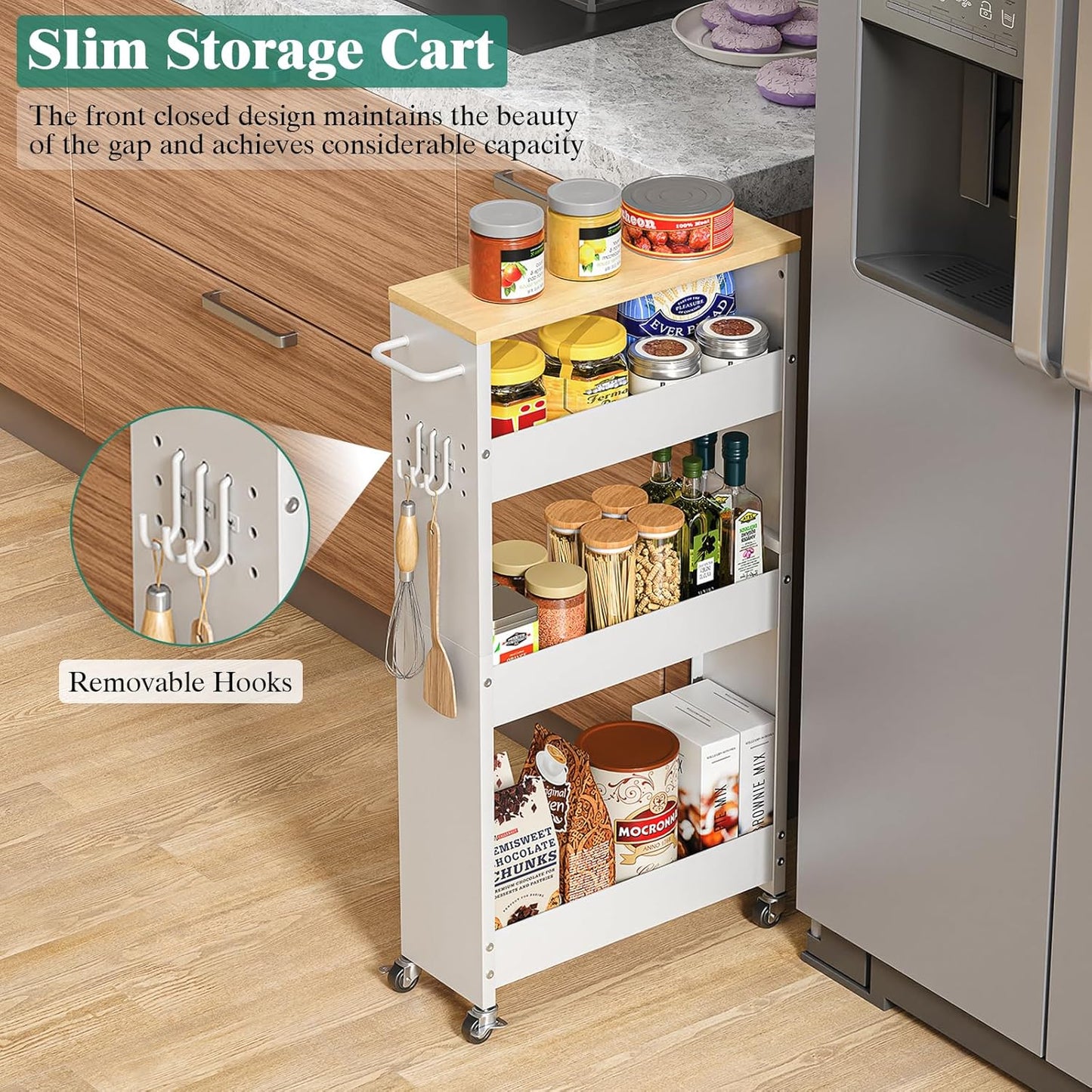 Slim Storage Cart, 4-Tier Kitchen Rolling Cart Narrow Storage Cabinet with Handle & Wheels, Metal Rolling Shelf Unit for Kitchen Bathroom Laundry Small Places (5.9IN White/Natural)
