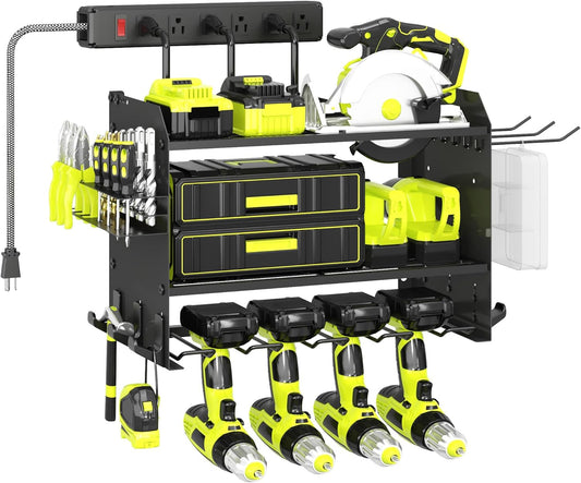 3 Layer Heavy Duty Power Tool Organizer Wall Mount with Charging Station, Adjustable Metal Storage Rack, 6 Outlets Strip, Drill Holders, Hooks & Drill Bit Rack for Garage, Workshop, Black