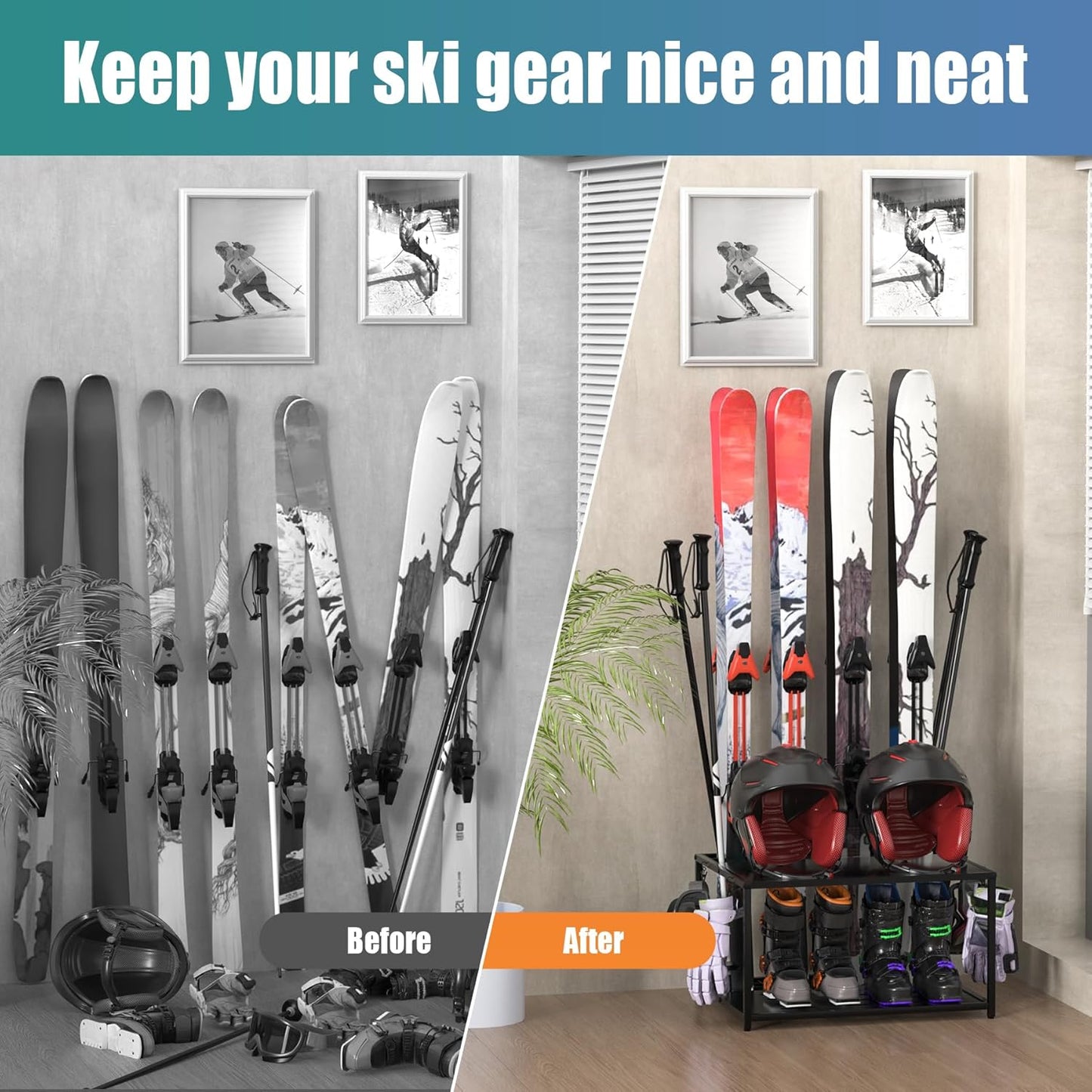 Freestanding Ski Holders for 4Pairs of Skis Ski Boot, Poles,Goggles, Helmet and More,Storage Rack for Garage, Heavy Duty Steel Floor Stand Ski Organizer for Garage Basement(Double-Layer storage shelf)