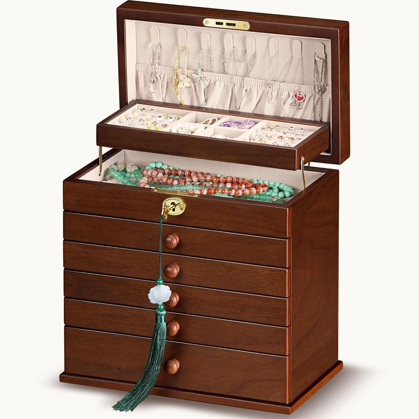Jewelry Boxes and Organizers - Large Wooden Lockable Cabinet with Key, 8-Layer dresser top jewelry organizer, Vintage Jewelry box for Women and Men GiftIdea
