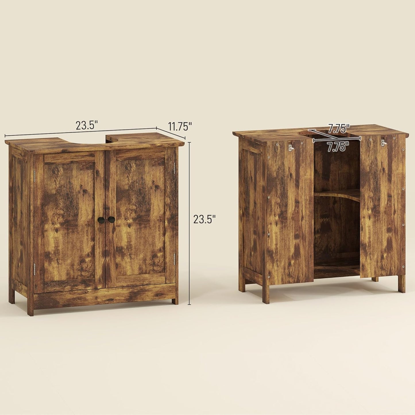 HOMCOM Under Sink Bathroom Cabinet, Pedestal Sink Storage Cabinet with 2 Doors, Shelf and U-Shape, Rustic Brown