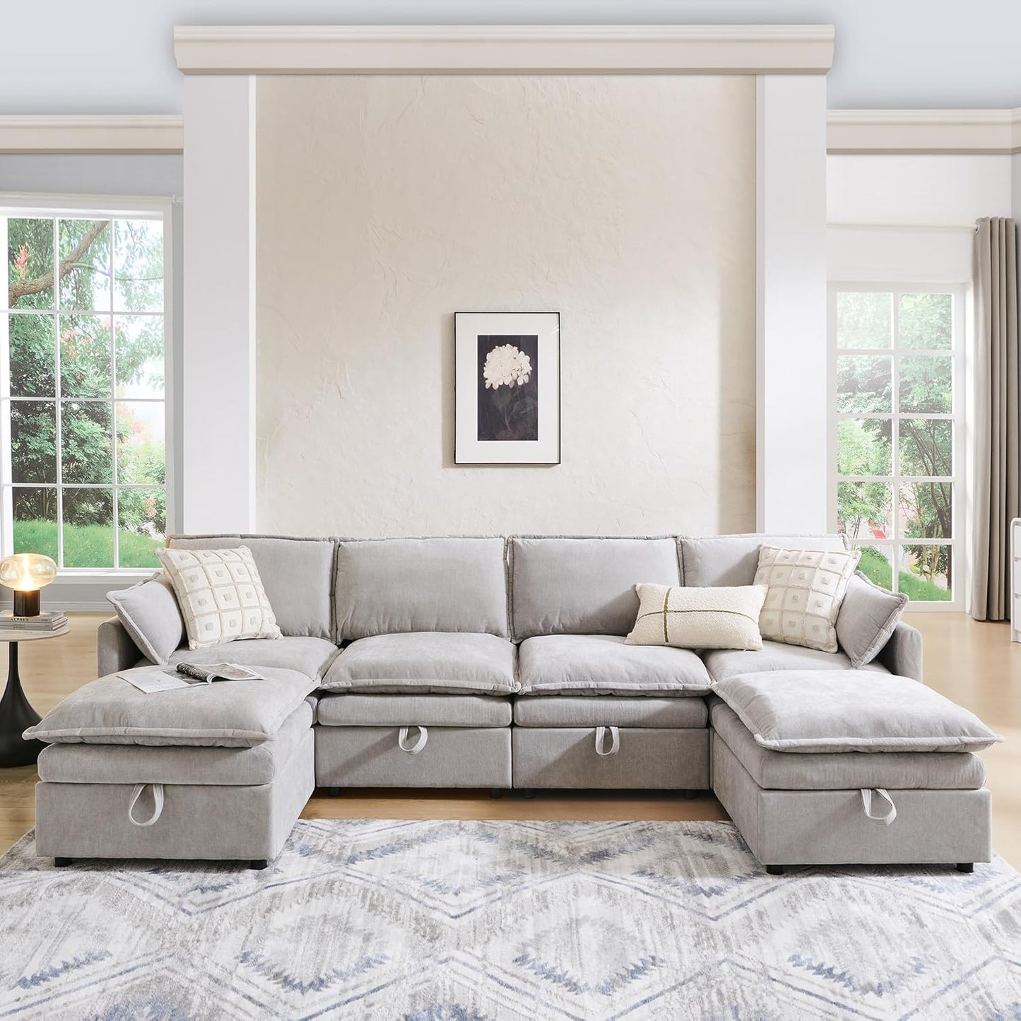116.54" Sectional Couches for Living Room, Cloud Couch Sectional with Large Storage, U-Shape Modular Sectional Sofa with Ottoman,6 Chenille Seater with Pillow for Apartment, Bedroom, Light Grey
