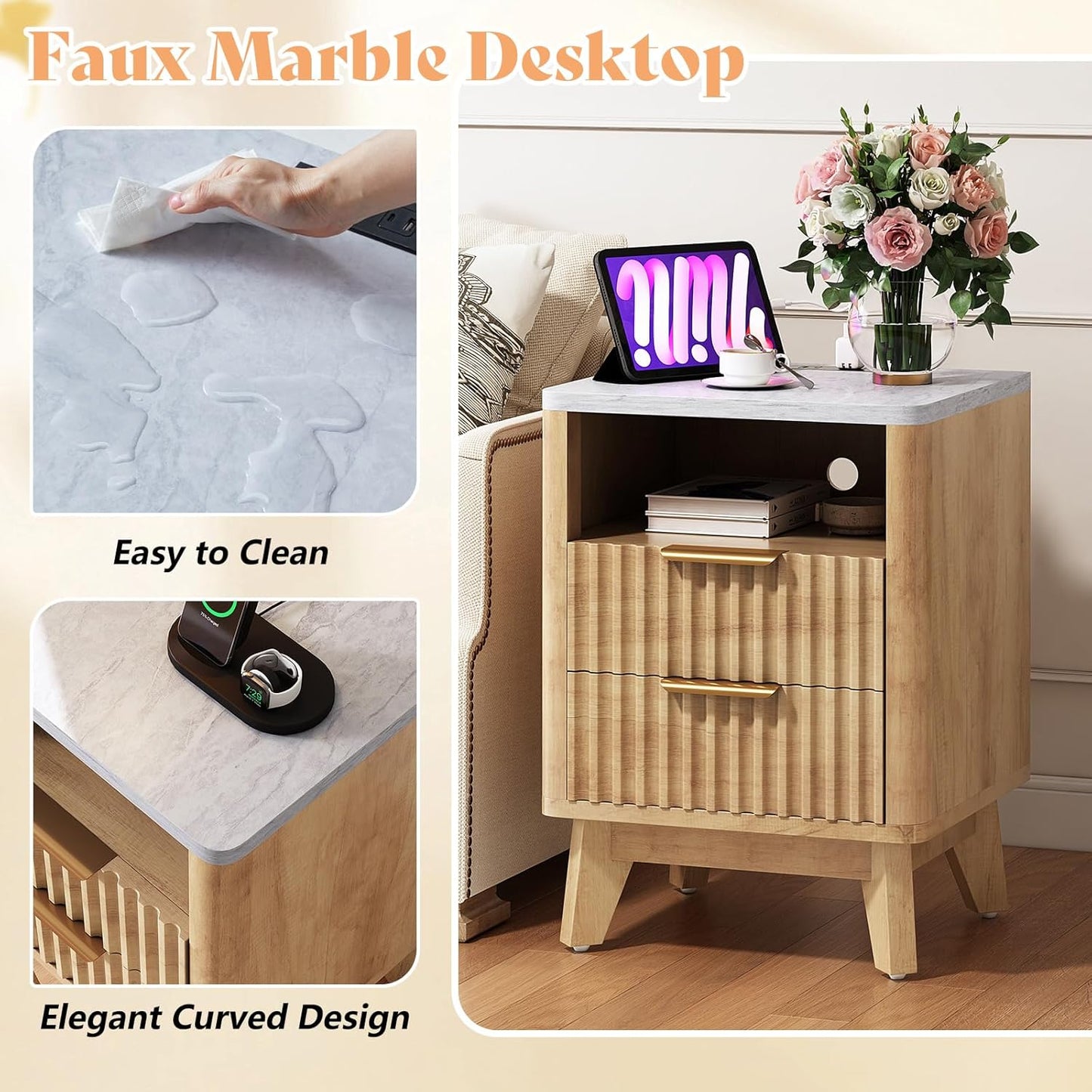 AMERLIFE Fluted Nightstand with Charging Station and Faux Marble Top, 18" Modern Bedside Table with 2 Drawers and Metal Handle, Side Table for Bedroom, Living Room, Natural Oak