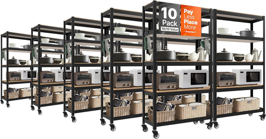 HOMEDANT House 5-Tier Metal Rolling Cart Shelf Rack Casters Heavy Duty Wheel Shelving Unit Adjustable Utility Storage Shelves Organizer Shelf Kitchen Garage 36.2" W x 16.5" D x 69.5" H 10Pack
