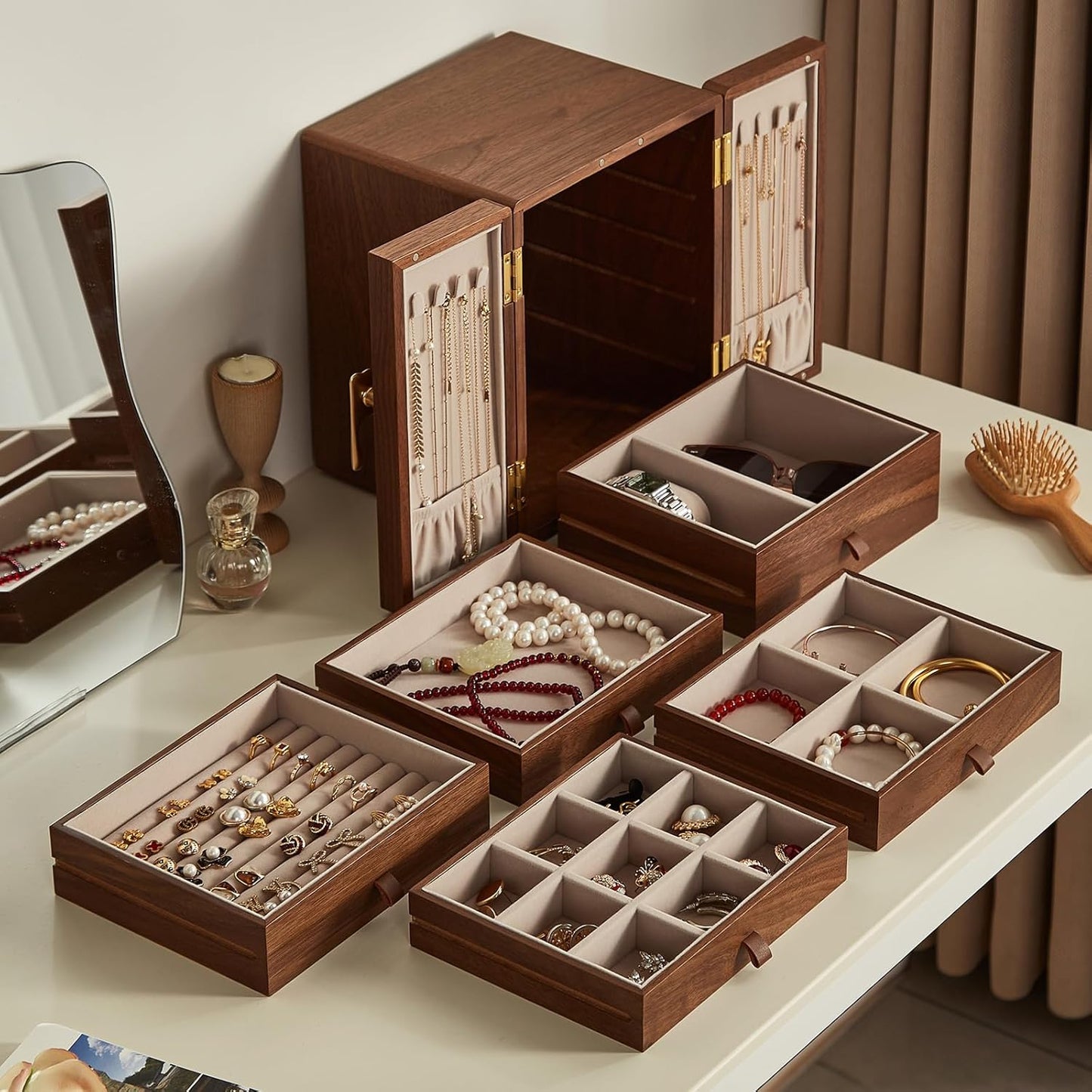 CHOSIN Black Walnut Wooden Jewelry Box 5 Layer Large Wood Jewelry Organizer Brass Handle for Necklaces Rings Earrings Watches Storage Christmas Gifts(7.9x8.7x10.0inches)