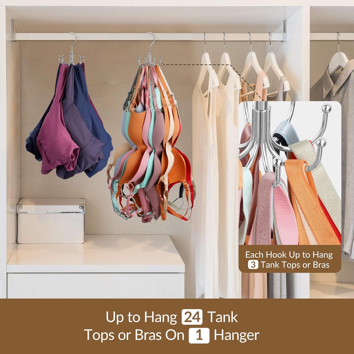 ZEDODIER Tank Top Hanger, 2 Pack Rotatable Bra Organzier for Closet, Max 48 Storage Capacity Sport Bras Holder, Metal Space Saving Closet Organizers and Storage, Silver
