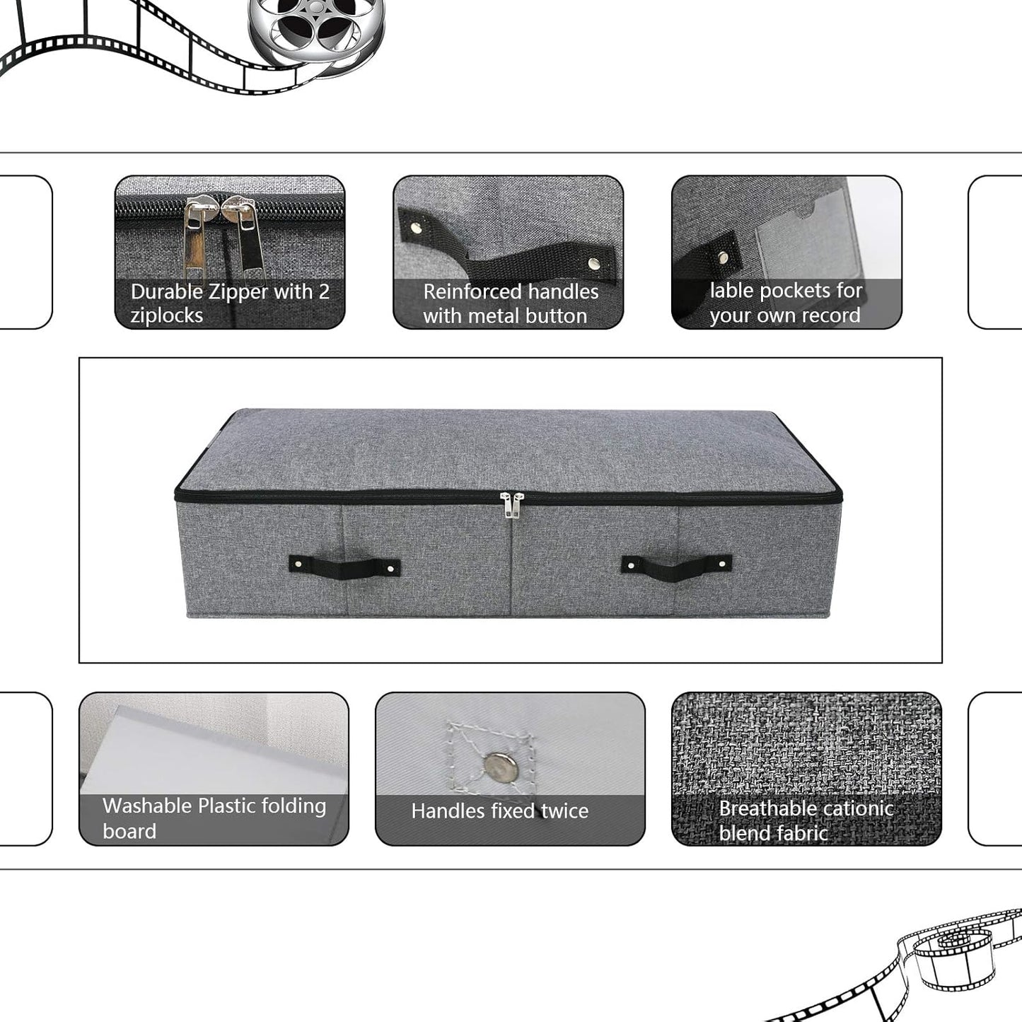 Omygarden Foldable Fabric Sturdy Under Bed Storage Box with 6 Handles, Zipper Lid, Blankets Clothes Comforters Storage Bin Organizer for Bedroom and Closet, 35x 16.5 x 7inch, Black Grey