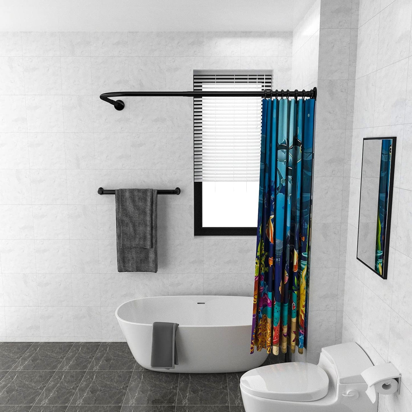 Adjustable Corner Shower Curtain Rod L Shaped Black Stretchable 304 Stainless 27"- 39"X47"- 65" Drill Free Install for Corner Bathtub with Free Hooks