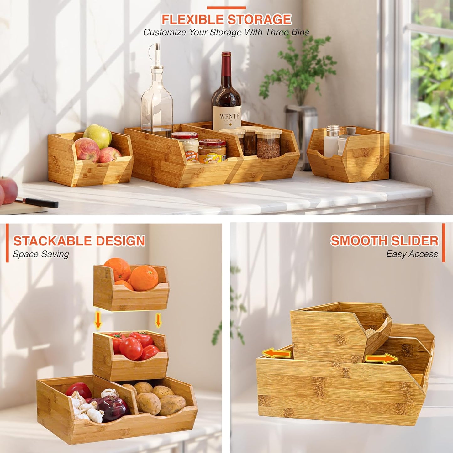 HOMESTEAD Bamboo Pantry Storage Bins - Stackable Baskets, Potato and Onion Storage for Pantry Organization, Set 3 Pieces