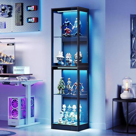 AMERLIFE RGB Display Cabinet with Adjustable Shelves, 4-Tier Storage Case with LED Lights, Modern Display Shelf for Collectibles, Black 70" H×18" L×14" D