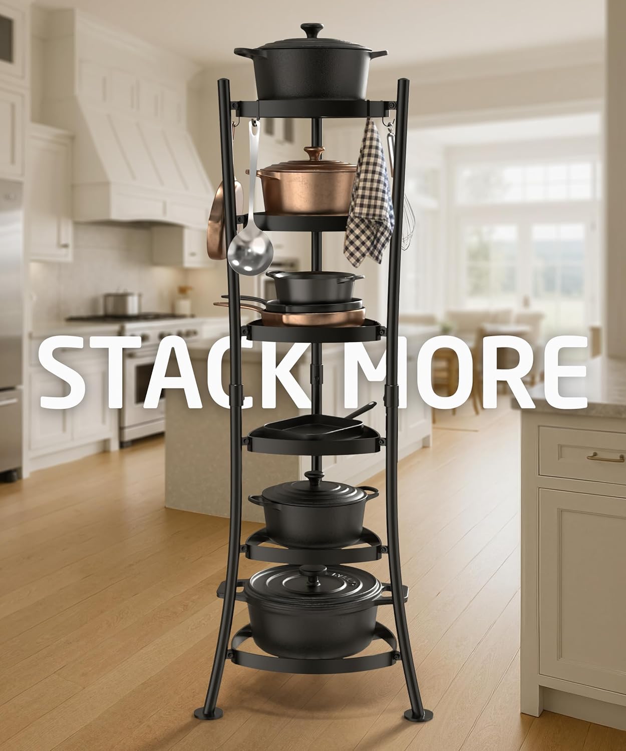 KES 264 Lbs Capacity Freestanding Pot Rack, 6-Tier Cast Iron Cookware Stand with 6 Hooks, Pots and Pans Storage Tower for Kitchen, Stable Base, Anti-tip Strap & Floor Protectors Black, KUR531S6-BK