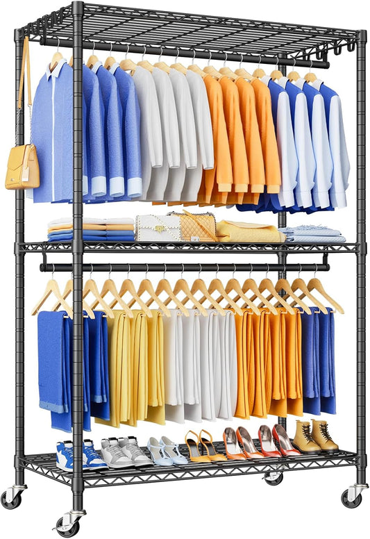 P8 Heavy Duty Clothes Rack（With Extended Width Design） Rolling Clothing Racks for Hanging Clothes，Portable Garment Rack with Lockable Wheels，51.2" W x 15.8" D x 80.5" H，Max Load 700LBS，Black