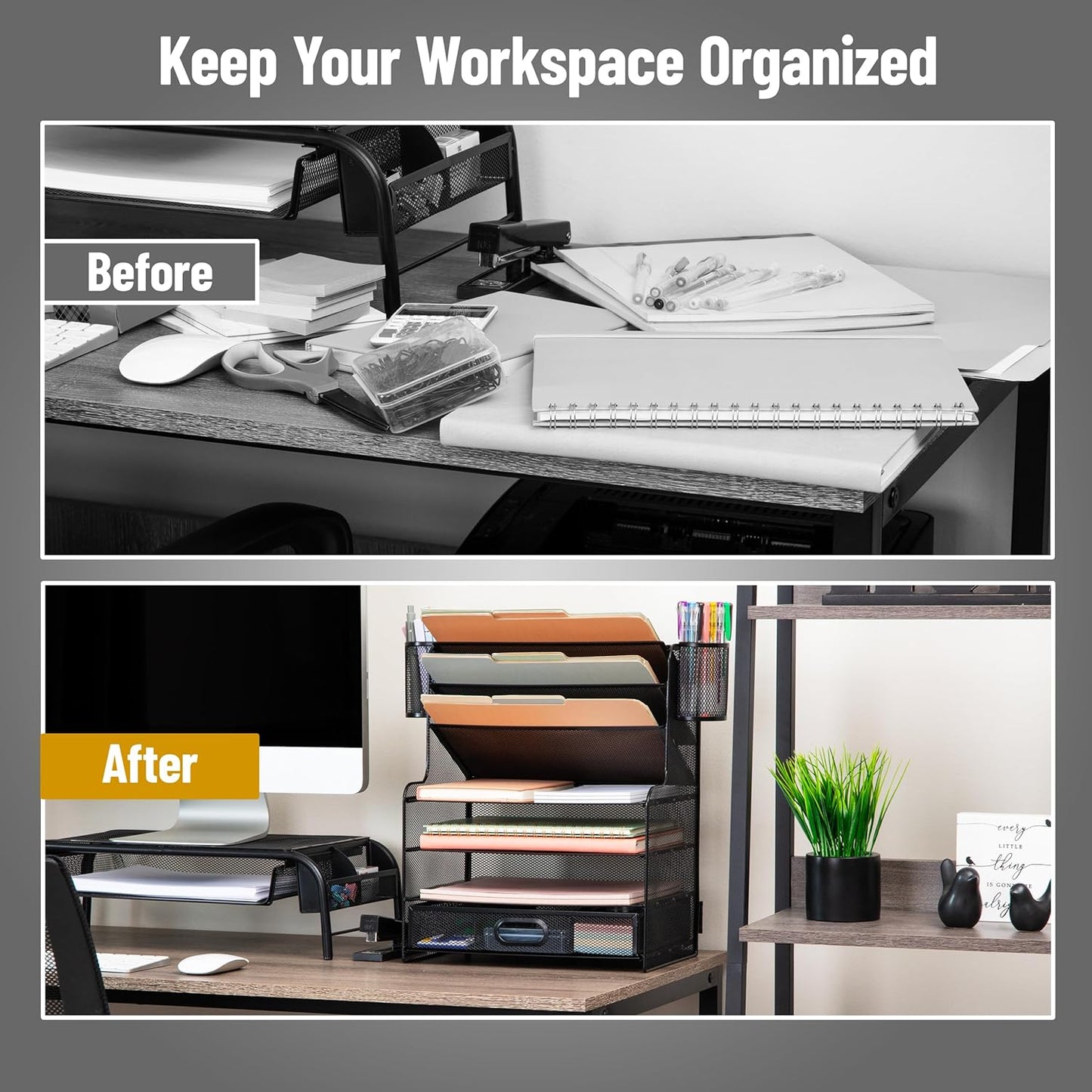Mind Reader Mesh Desk Organizer, 6 Compartments, 1 Drawer, 2 Pen Cups, Office Desktop Organizer, Metal Mesh, Black