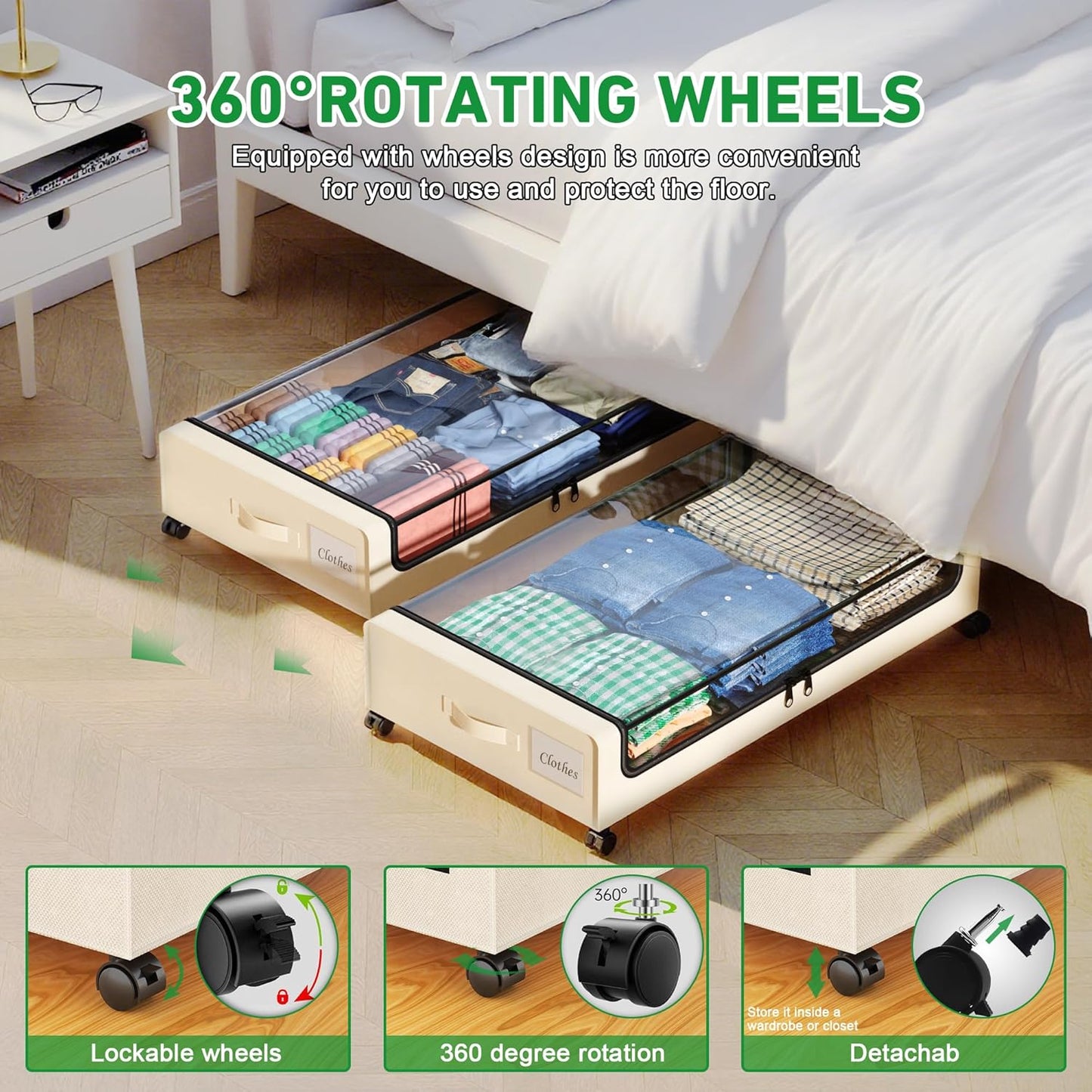 Beborxue Under Bed Storage with Wheels, 2-Pack Under the Bed Storage Containers with Lids, XXL 60L Under Bed Shoes Storage Organizer Bins, Rolling Underbed Storage for Clothes, Shoes, Blankets (Beige)