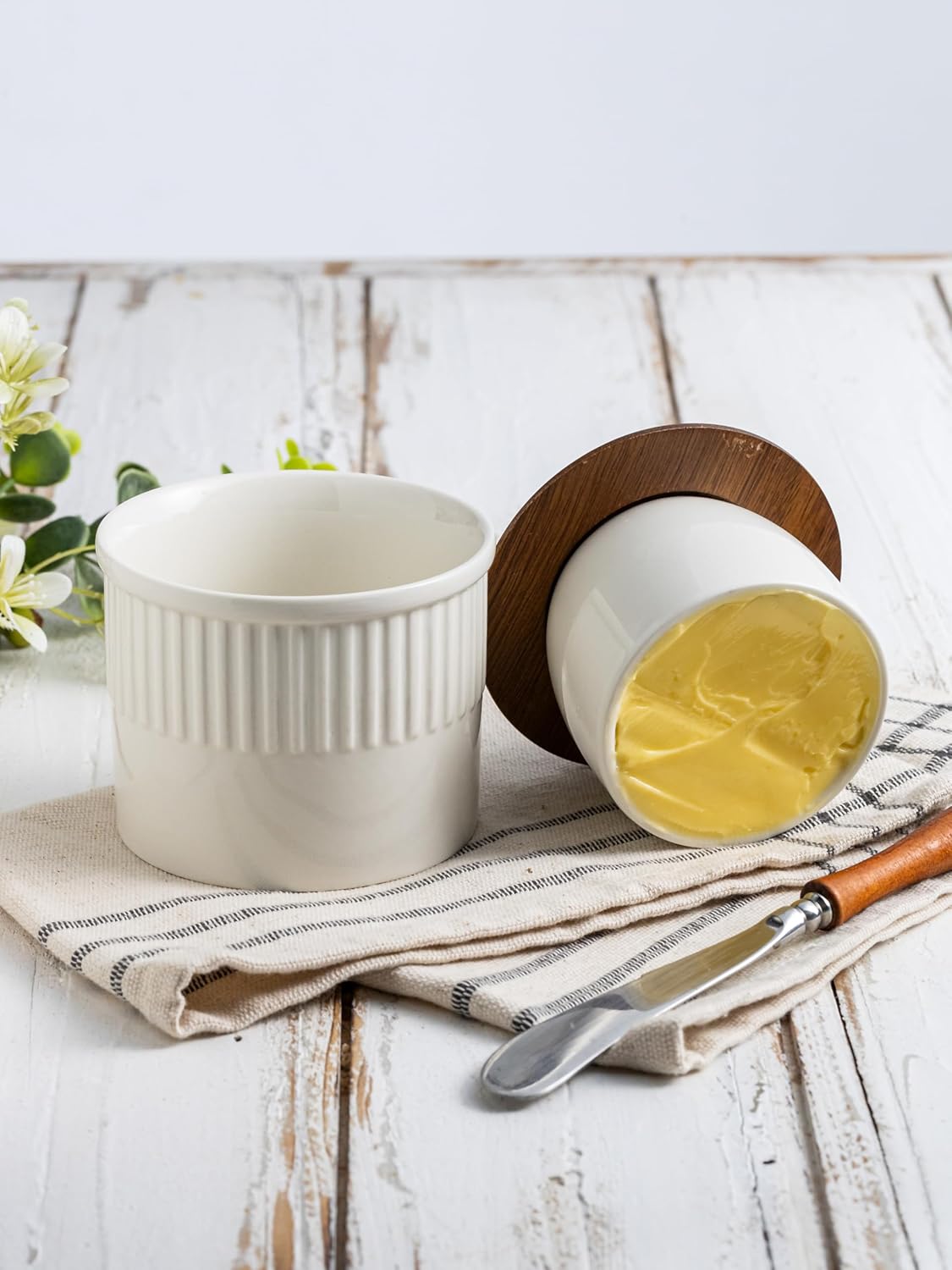 Ceramic Butter Crock, Butter Dish with Lid for Countertop, French Butter Keeper, Classic Stripe Pattern, White