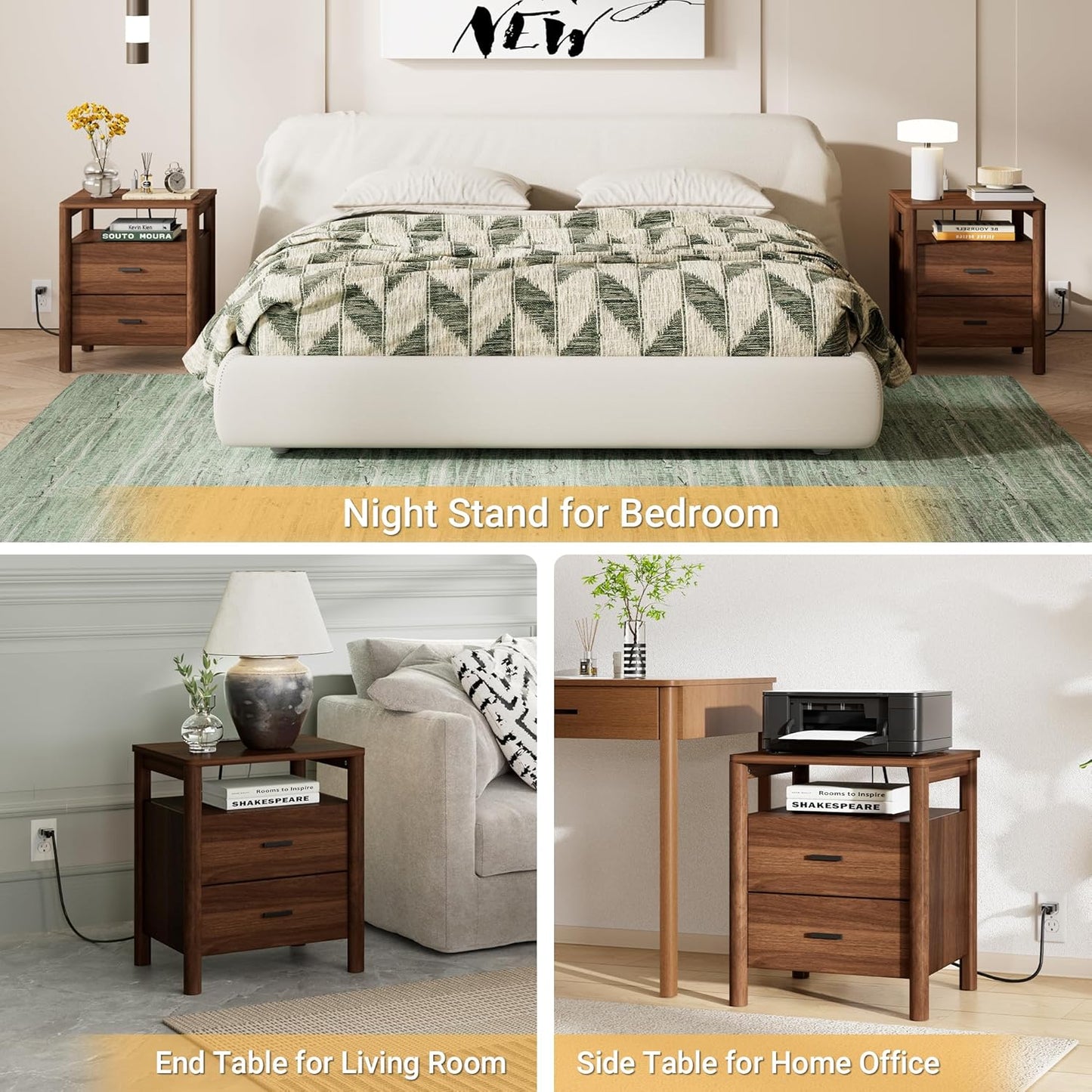 Night Stand with Charging Station, 20" Large Modern Side Table with Solid Round Post Legs, 2 Drawers Nightstand with Open Shelf, End Table/Bedside with Storage for Bedroom, Walnut