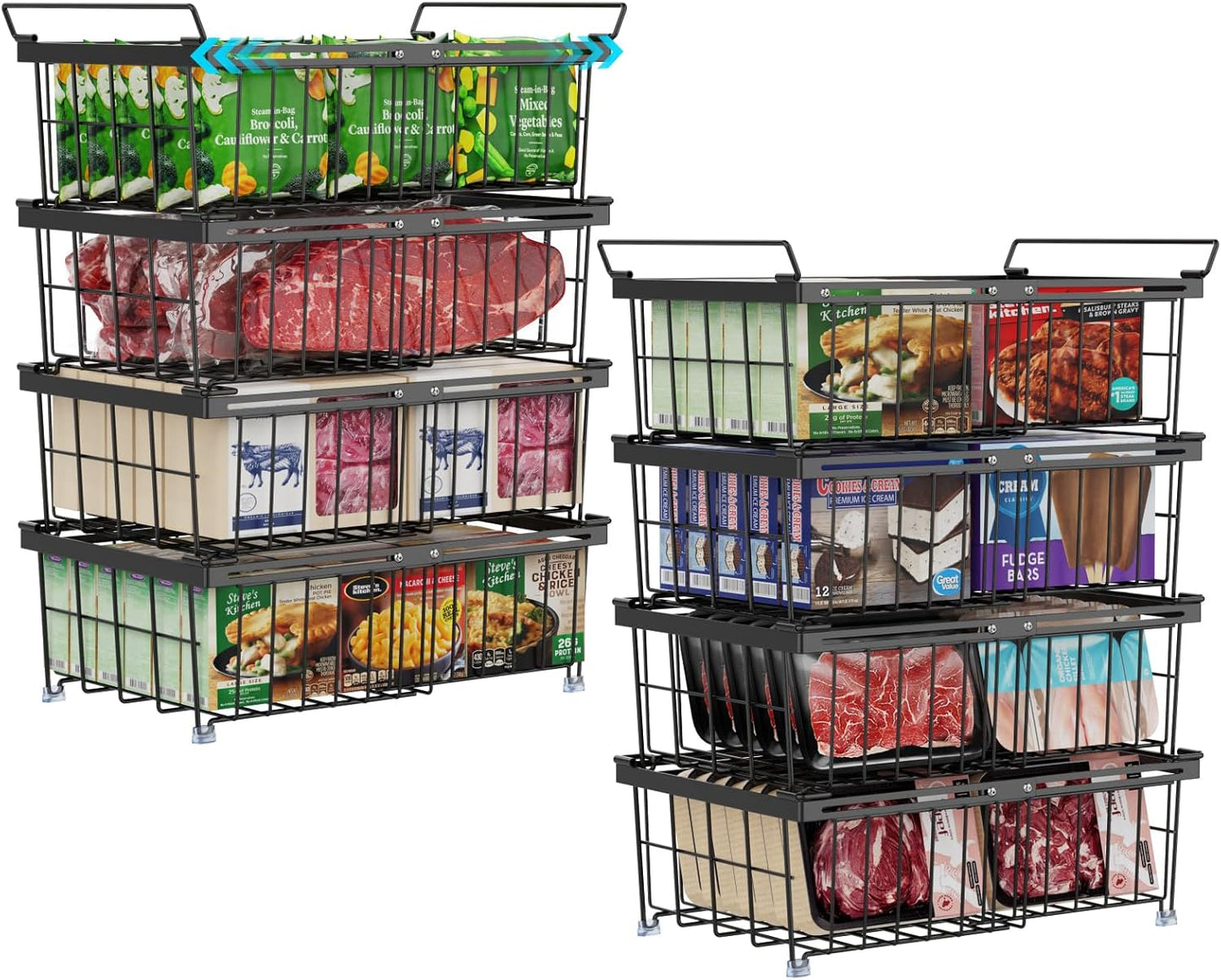 iSPECLE Freezer Organizer Bins - Fit 10 to 20 Cu.FT Deep Freezer, 8 Pack Large Expandable Stackable Chest Freezer Organizer Sort Frozen Food Easy to Get Food from Bottom without Digging, Black