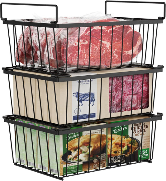 iSPECLE Chest Freezer Organizer - 3 Pack Stackable Deep Freezer Organizer Bins for 5 Cu Ft Freezer Sort Frozen Food, Freezer Organizer Bins Get Food Easily with Handle Add Storage Space, Black