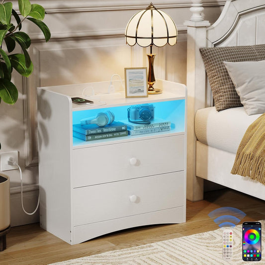 Nightstand with Charging Station and LED Light,Modern Nightstand with USB Ports and Outlets,Wood Bedside Tables with 2 Storage Drawers,Small Dresser for Bedroom Small Space,White