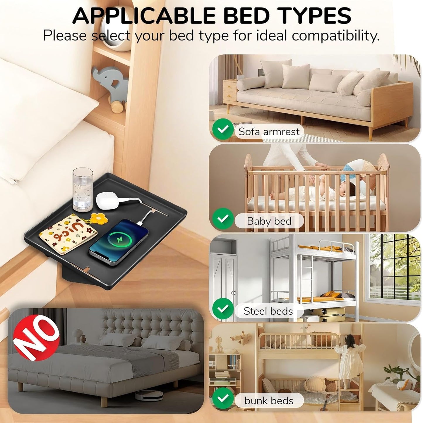 Bedside Shelf for Bunk Beds & Top Bunk, Clip On Nightstand with Cable Catch, White, 35lbs Capacity, College Dorm Room & Kids Room (Black)