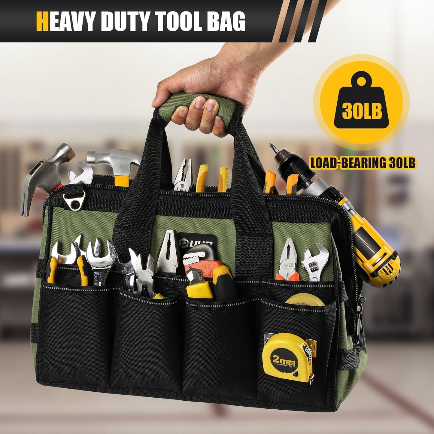 Heavy Duty Tool Bag 15-Inch, 16-Pocket Portable Empty Tool Box Organizer Storage, Toolbox Organization, Soft Handle Large Zipper Carrying Toolbag, Dad Men Mechanic Birthday Stocking Stuffer Gifts
