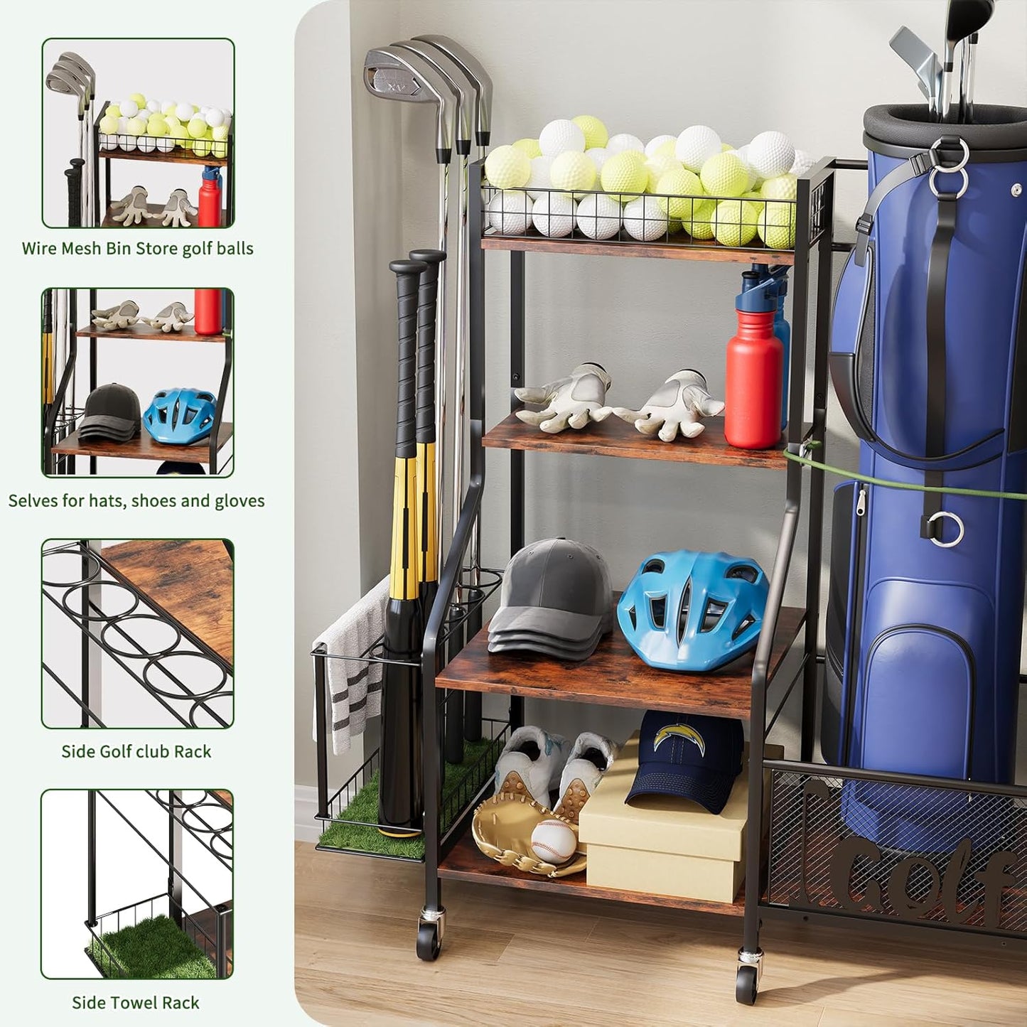 Golf Rack with Golf Bag Storage, Large Golf Bag Organizer for 2 Bags, Golf Bag Stand with Golf Club Rack, Extra Sports Equipment Rack for Garage & Golf Clubs with Wheels