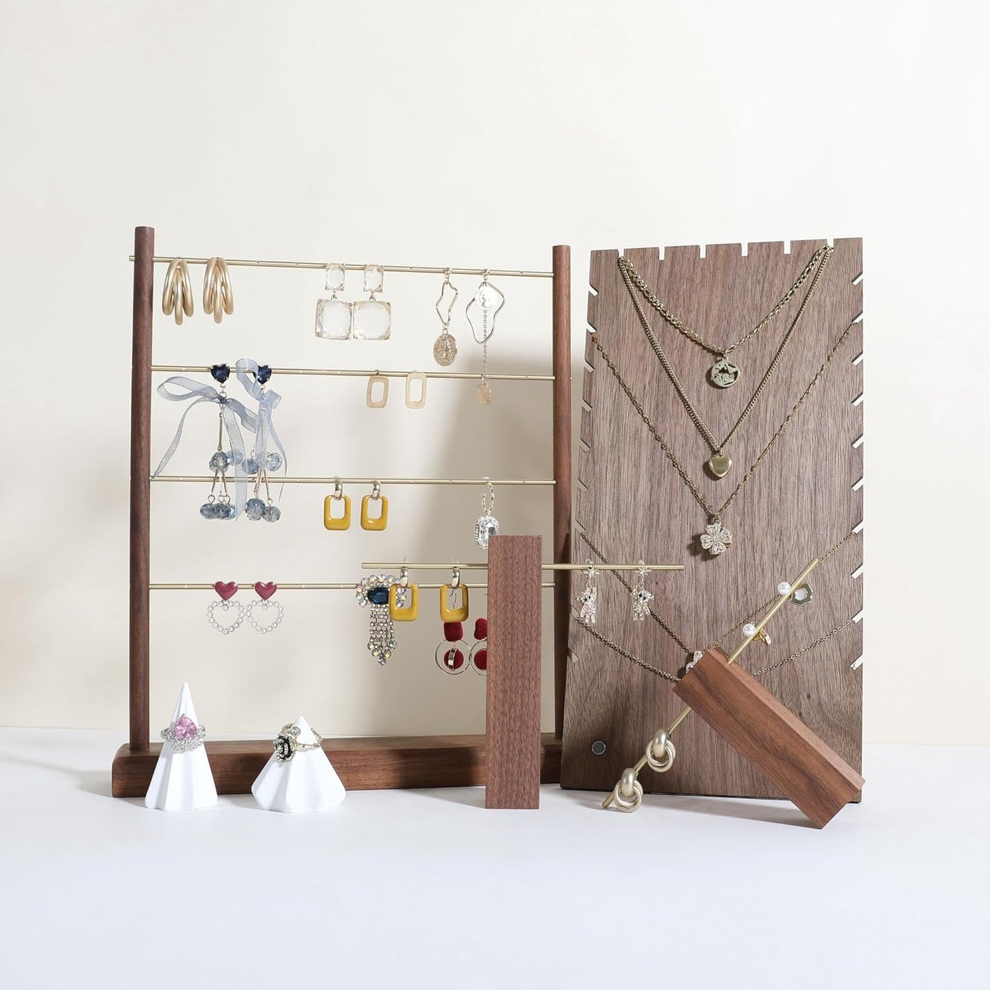 GemeShou Walnut earrings display stand for selling, wooden jewelry earring organizer shelf, wood earring storage organizer rack for boutique store【Earring shelf-Large】