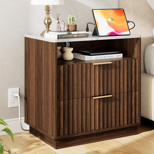 Large Fluted Night Stand with Charging Station, 23" Modern End Table with Faux Marble Top, 2 Drawers Nightstand with Storage, Side Table for Bedroom Living Room, Curved Profile (Walnut)