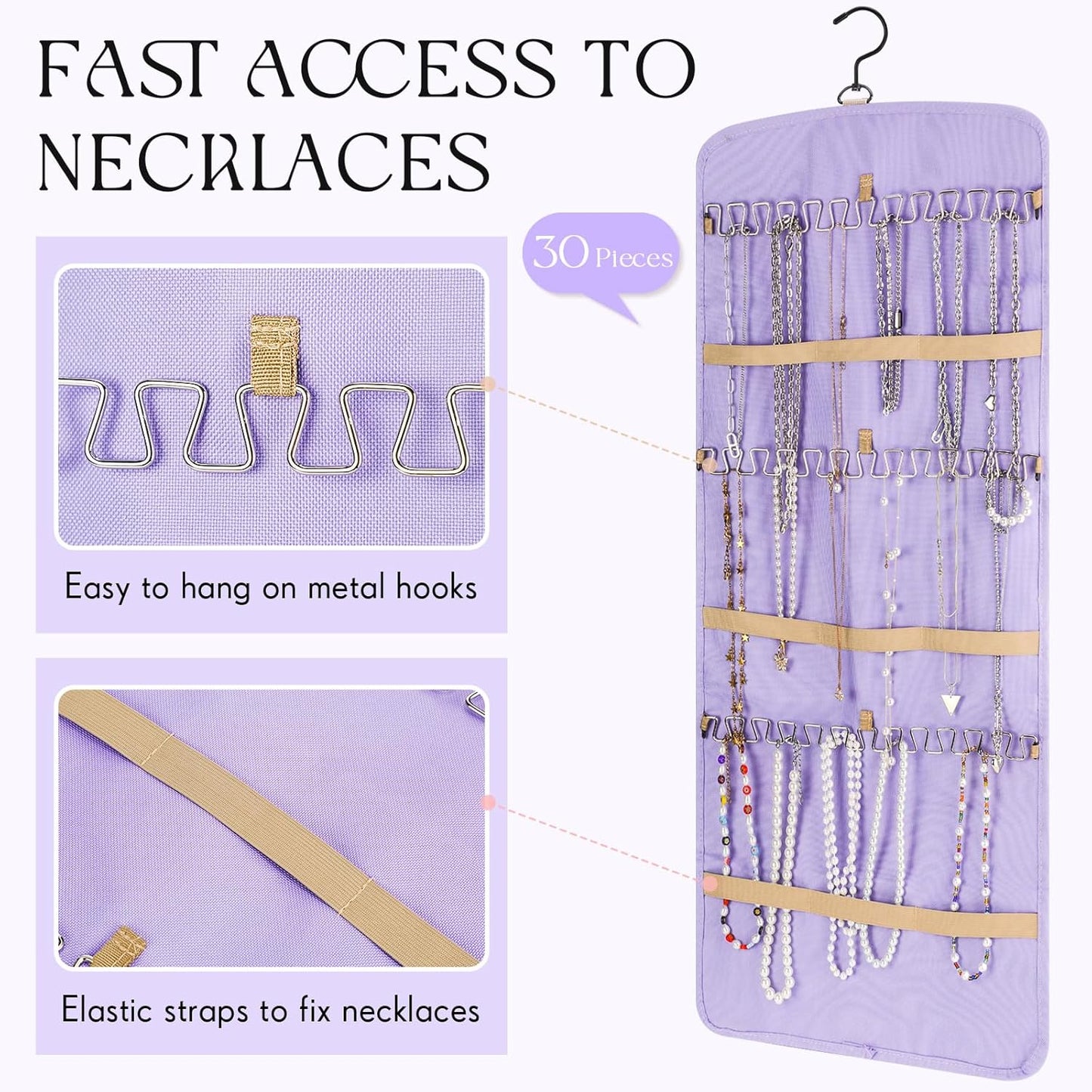 2 Pack Hanging Jewelry Organizer Storage with 39 Pockets, 30 Necklace Hooks Double Sided Wall Mount Earring Holder Organizer Bracelet Necklace Jewelry Display Hanger for Closet Door (Purple)