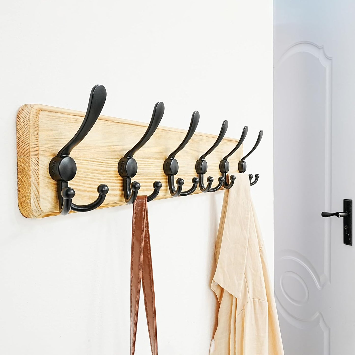 Dseap Coat Rack Wall Mounted - 24" Long 6 Tri Hooks, Heavy Duty Wooden Wall Coat Hanger Coat Hook for Clothes Hat Jacket Clothing, Weathered Light Natural and Black, Pack of 2