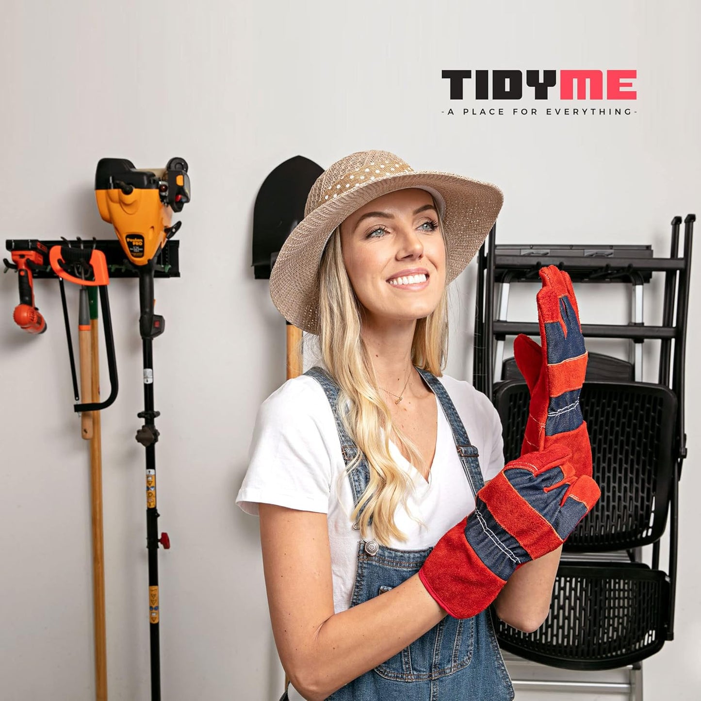 TIDYME Garage Wall Organizer | 32" Heavy-Duty Tool Storage Rack | Adjustable Double-Layer Hooks | 200 lbs Capacity | Carbon Steel Wall Mount Holder for Shovels, Rakes, Ladders & Power Tools