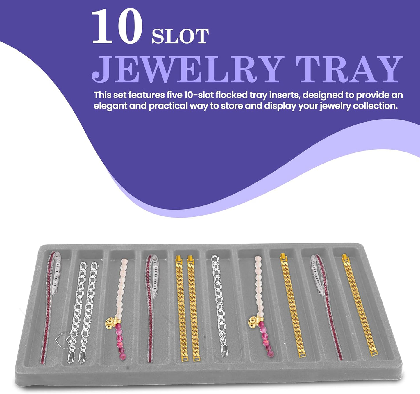 Novel Box 5 Pack 10-Slot Gray Liner Jewelry Storage Tray Inserts 14.75x8.25x1 Inches - Jewelry Organizer Pad for Drawers & Store Displays - Jewelry Display Pads for Necklaces Bracelets & Chains