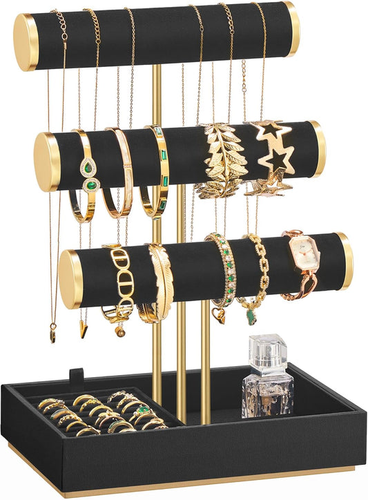 SONGMICS Bracelet Holder Stand, Jewelry Display Stand, Jewelry Organizer, with 3 Tiers and Velvet Tray, Removable Ring Holder, Christmas Gift, Ink Black UJJS027B01