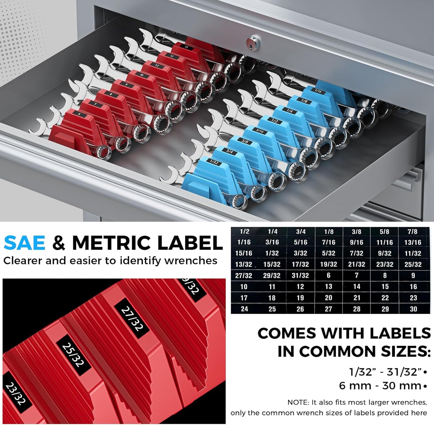 48PCS Magnetic Modular Wrench Organizers for Tool Drawers - Red & Blue - Wrench Rack with Metric & SAE Labels, Customizable Magnet Tool Storage Holder for Tool Box Organization