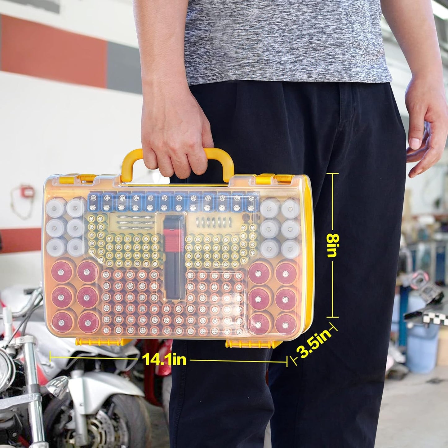 Battery Organizer Storage Holder Box Case with Tester- 269 Batteries Double-Sided Variety Pack, Holds AA AAA 4A C D Cell 9V 3V Lithium LR44 CR2 CR123 CR1632 18650 Button- Yellow (Box Only)