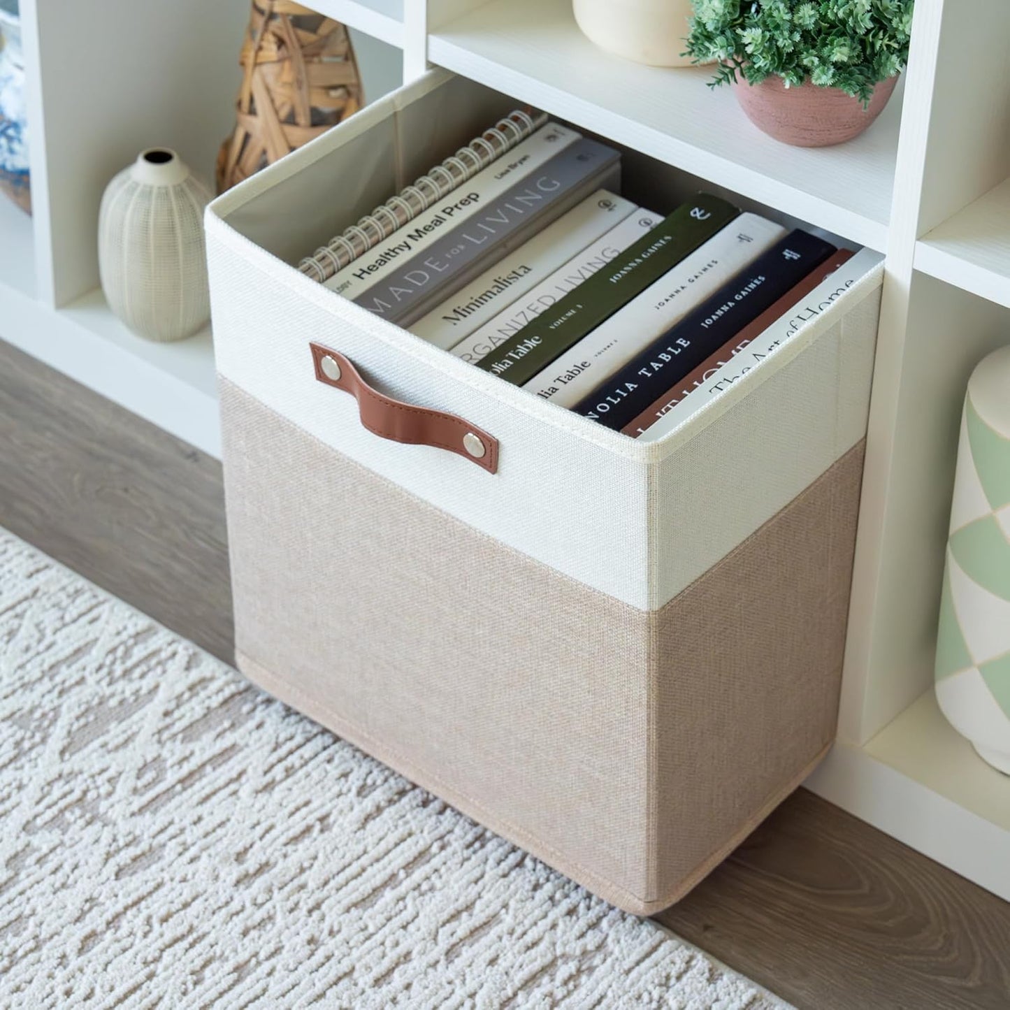 OrganiHaus 12" x 12" x 12" Fabric Storage Bins - Set of 4, Cube Canvas Organizer Bins with Vegan Handles, Kallax Storage Cubes, 12 Inch Cubic Baskets for Shelves - Beige/White