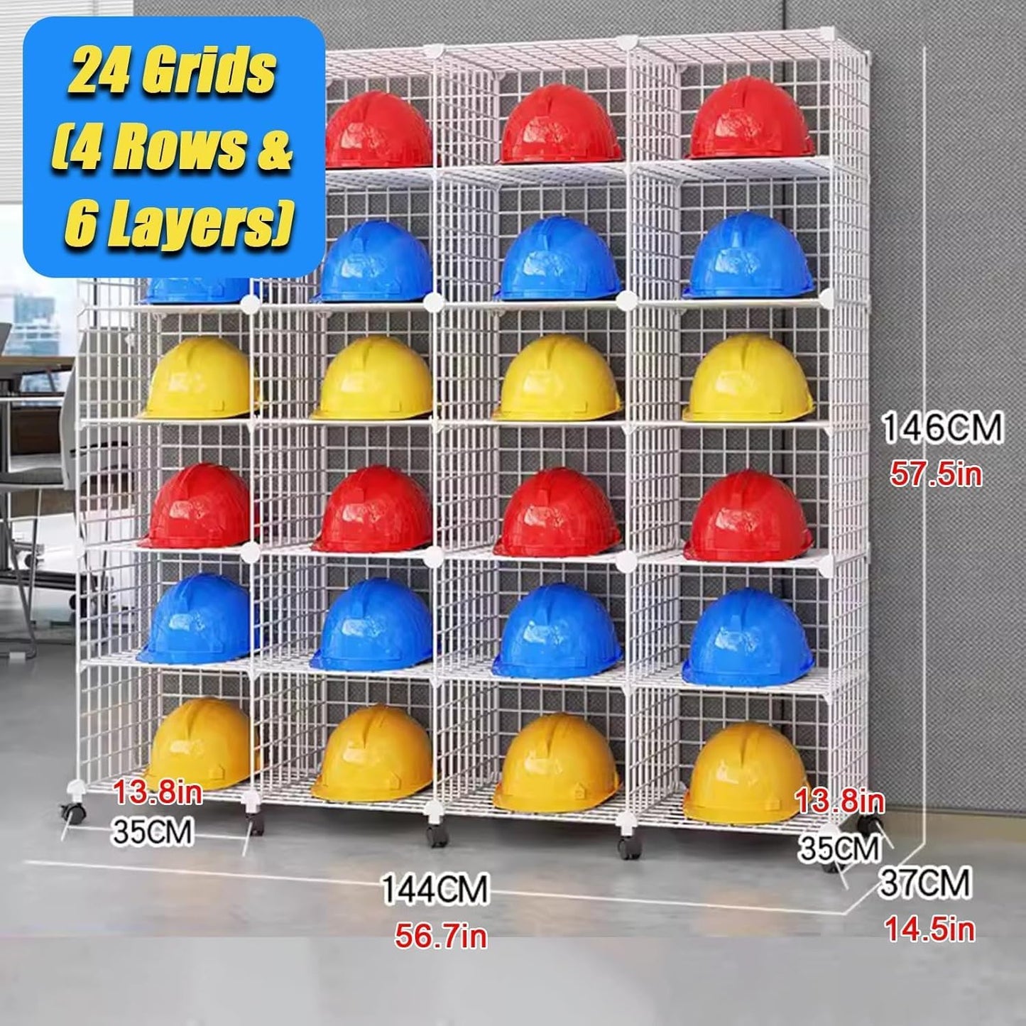 Stackable Safety Helmet Storage Boxes, Large Adjustable Hard Hat Placement Organizer Rack,with Wheels,for Construction Site/Garage/Workshop/Factory Helmet Display Shelf (White, 24 Grids-4 * 6)