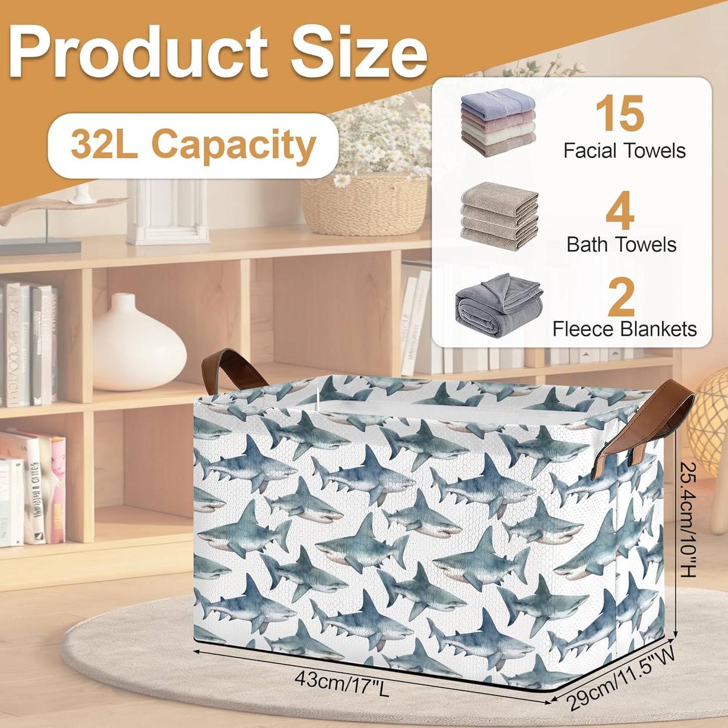 Sharks Storage Bin with Handles, Basket Storage Organizer for Shelves, Closet, Nursery, Book, Laundry Hamper & Home Decor