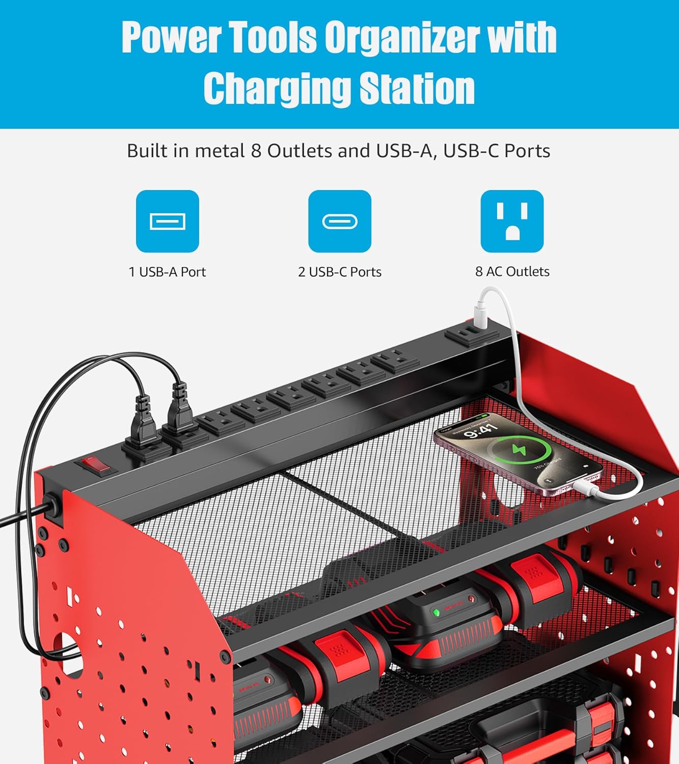 CCCEI Modular Power Tools Organizer with USB Charging Station, 4 Layer Drills and Battery Storage Wall Mount, Garage Shop Organization, Anniversary, Birthday, Gifts for Men, Father, 10FT Cord, Red.