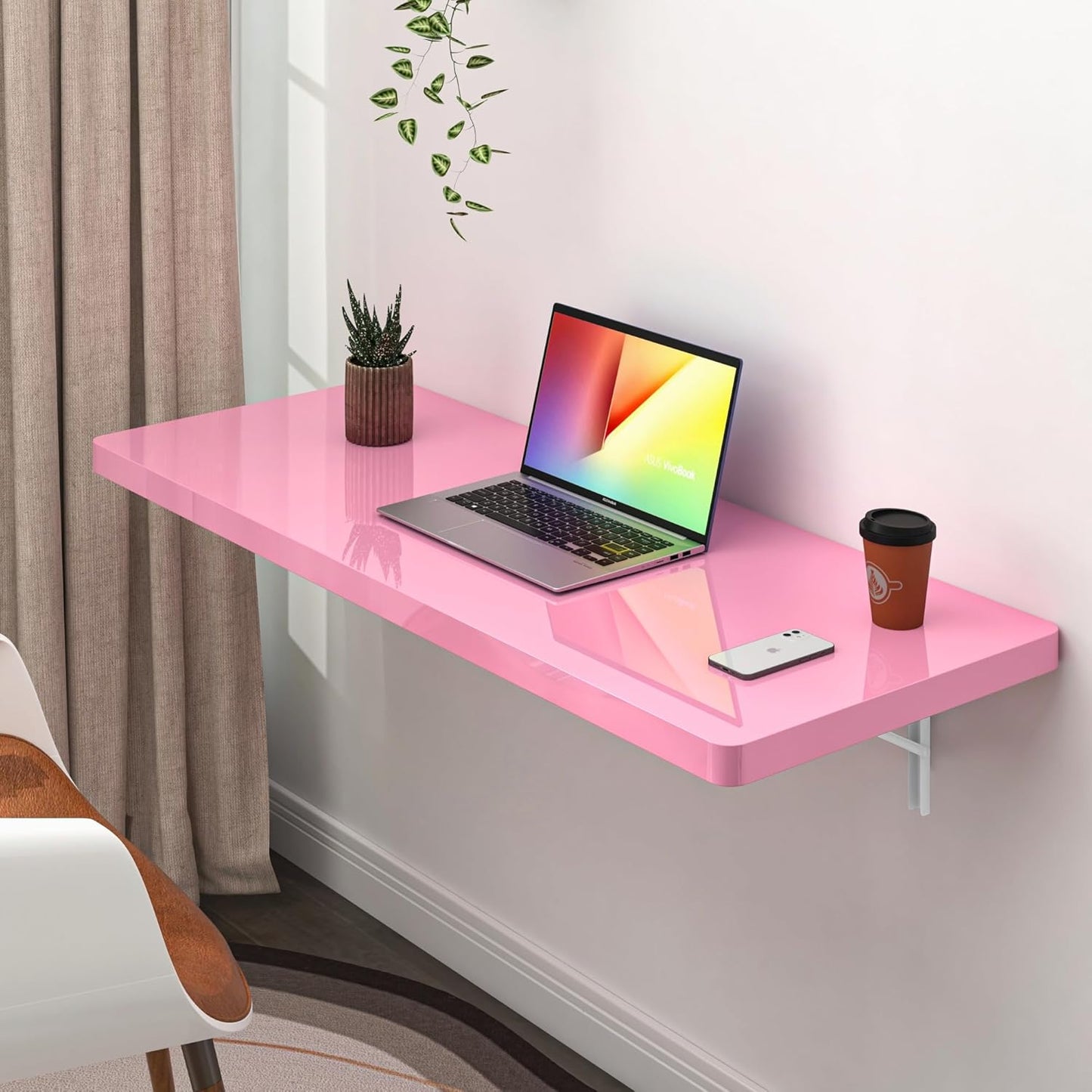 Clikuutory Wall Mounted High Gloss Folding Table, Wall Desk Fold Down for Small Spaces, Folding Workbench for Laundry Room, Home Office, Kitchen, Bedroom, Home Bar, Pink (39.4"×19.7")