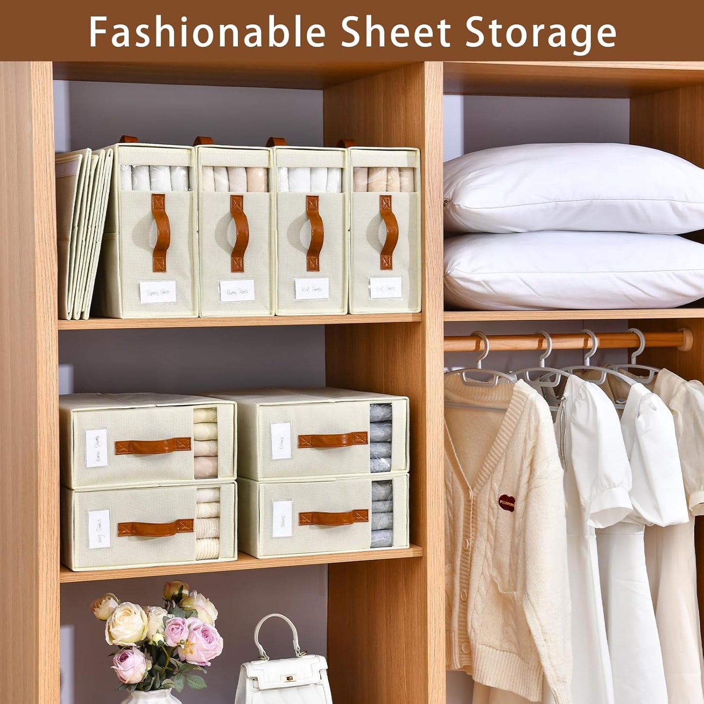 Bed Sheet Organizers and Storage,4 Pack Linen Closet Organizers and Storage, Foldable Bedding Organizer for Bedsheets, Duvet Covers and Pillow(Queen or King Size), Sheet Container with Window