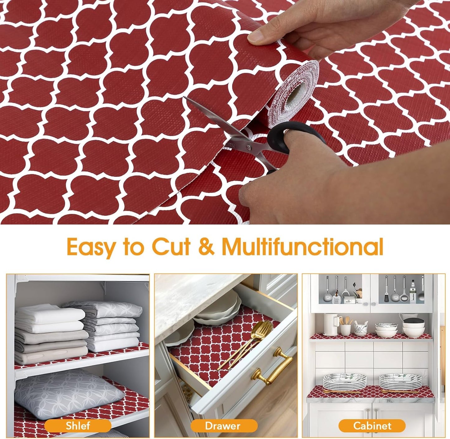 Shelf and Drawer Liner for Kitchen Cabinets Non-Adhesive, Strong Grip Non-Slip Thickened Cabinet Liners for Shelves, Waterproof Mats for Dresser Cupboard, Red/White, 12 in x 10 Feet
