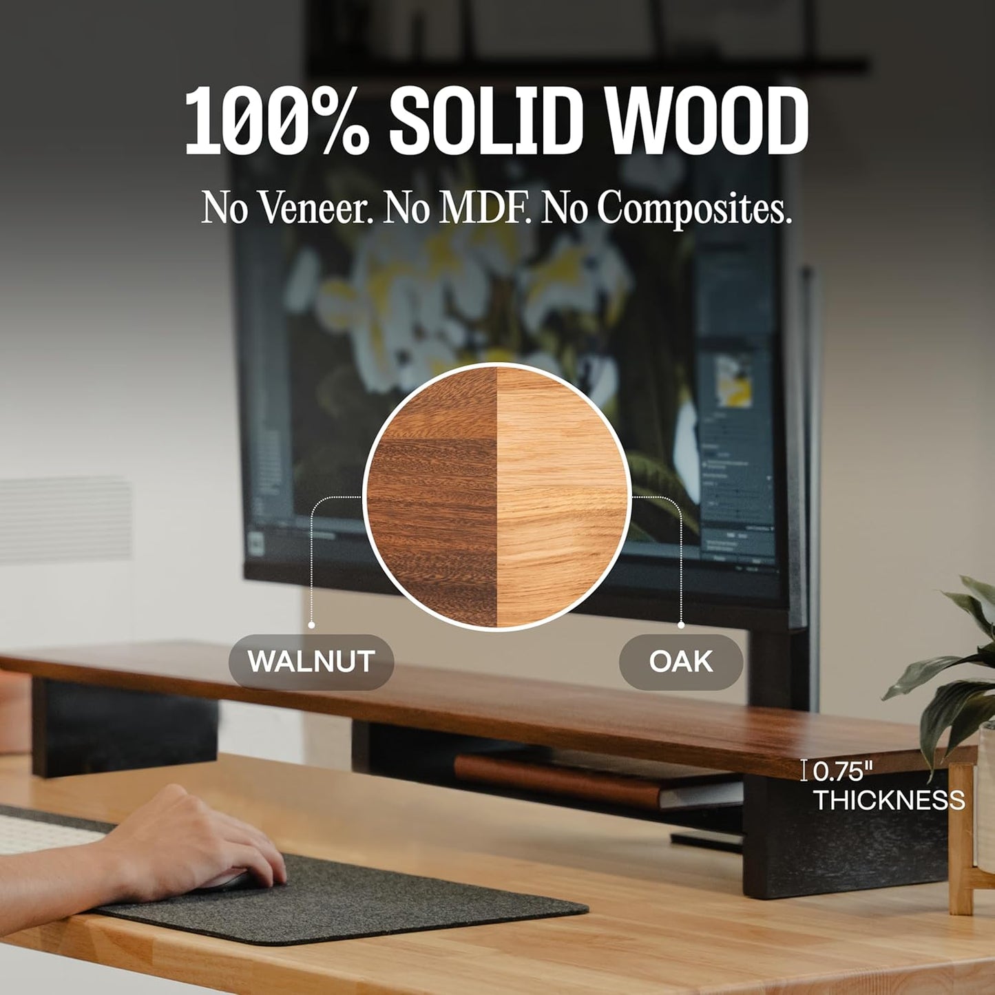 Solid Wood Dual Monitor Stand Riser – 43" Walnut Desk Shelf for 2 Monitors with Tray & Wool Felt, Organizer for Desktop, Laptop and Office (Solid Walnut)