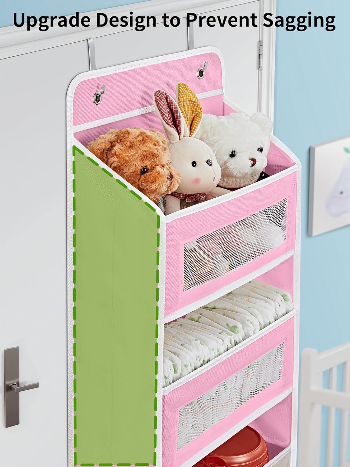 JARLINK Over The Door Organizer Storage, 5 Shelf Hanging Door Organizer with 5 Large Capacity Pockets, Anti Tilt 44 lb Load Behind Door Storage for Bedroom, Bathroom, Pantry, Nursery, (Pink)