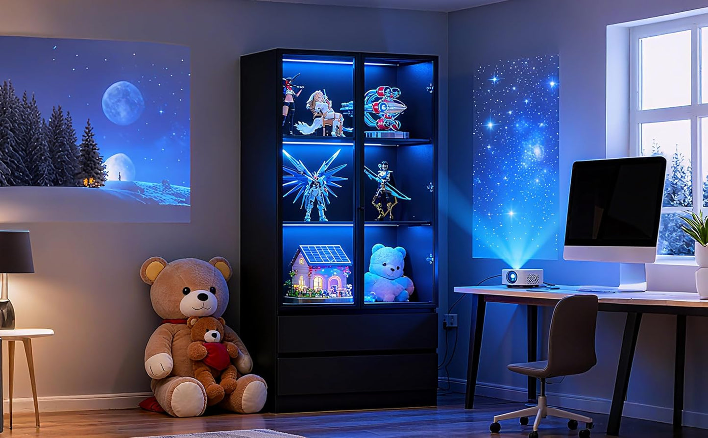 63'' Tall Glass Display Cabinet with LED Lights & 2 Drawers,Showcase with Glass Doors,4-Tier Curio Cabinet for Collectibles Bookcase,Storage Shelf, Bookcase(Black- 2 Drawers)